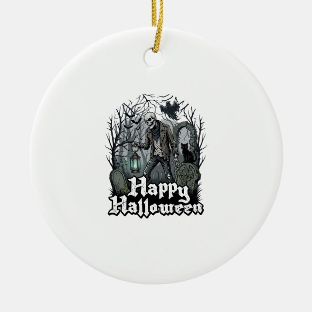 Happy Halloween Skeleton Lantern Black Cat Graveya Ceramic Tree Decoration (Front)