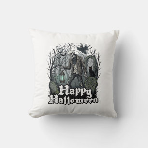Happy Halloween Skeleton Lantern Black Cat Graveya Cushion