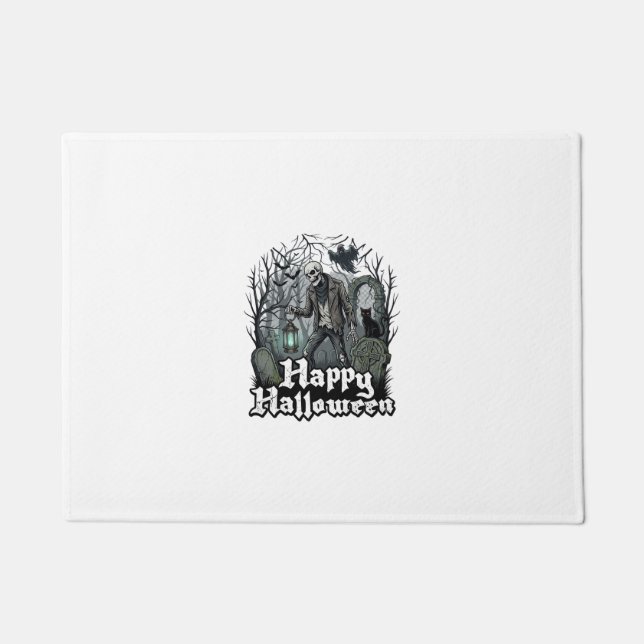 Happy Halloween Skeleton Lantern Black Cat Graveya Doormat (Front)