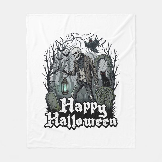 Happy Halloween Skeleton Lantern Black Cat Graveya Fleece Blanket (Front)