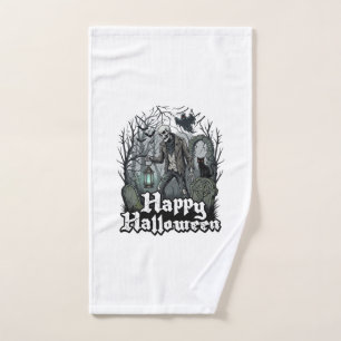 Happy Halloween Skeleton Lantern Black Cat Graveya Hand Towel