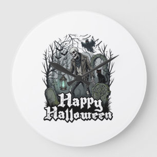 Happy Halloween Skeleton Lantern Black Cat Graveya Large Clock