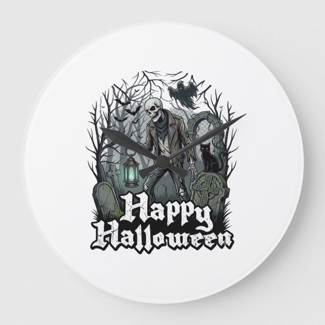 Happy Halloween Skeleton Lantern Black Cat Graveya Large Clock (Front)