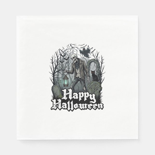 Happy Halloween Skeleton Lantern Black Cat Graveya Napkin (Front)