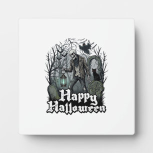 Happy Halloween Skeleton Lantern Black Cat Graveya Plaque