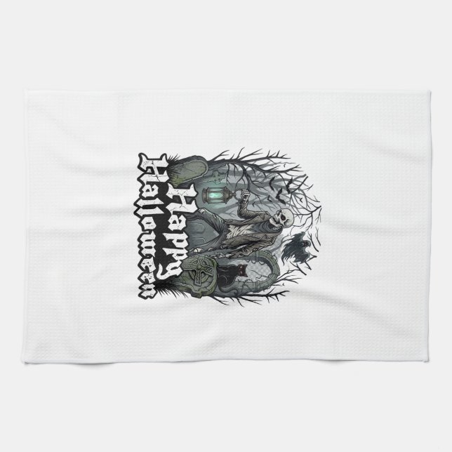 Happy Halloween Skeleton Lantern Black Cat Graveya Tea Towel (Horizontal)
