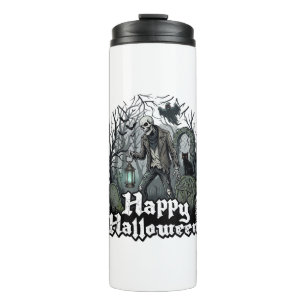 Happy Halloween Skeleton Lantern Black Cat Graveya Thermal Tumbler