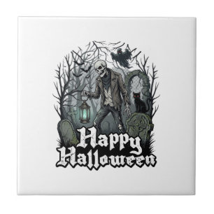 Happy Halloween Skeleton Lantern Black Cat Graveya Tile