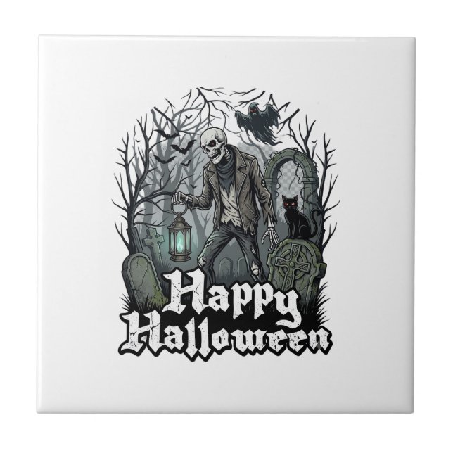 Happy Halloween Skeleton Lantern Black Cat Graveya Tile (Front)