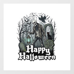 Happy Halloween Skeleton Lantern Black Cat Graveya Window Cling