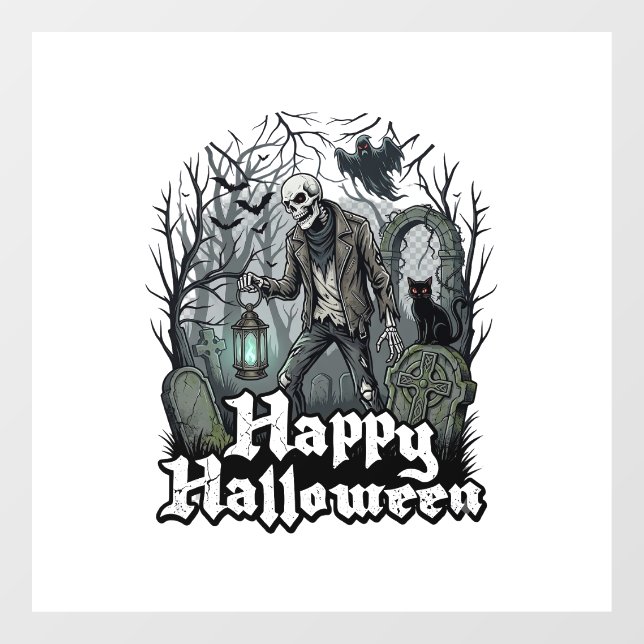 Happy Halloween Skeleton Lantern Black Cat Graveya Window Cling (Sheet)