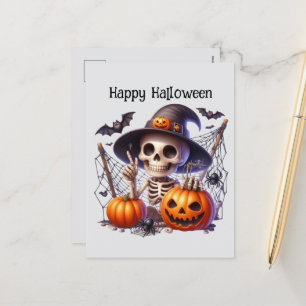 Happy Halloween skeleton spell books Holiday Postcard