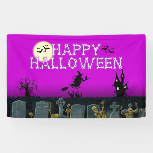 Happy Halloween Skeleton Witch Purple Banner