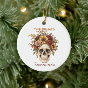 Happy Halloween Skull Fall Flower Arrangement Ceramic Tree Decoration