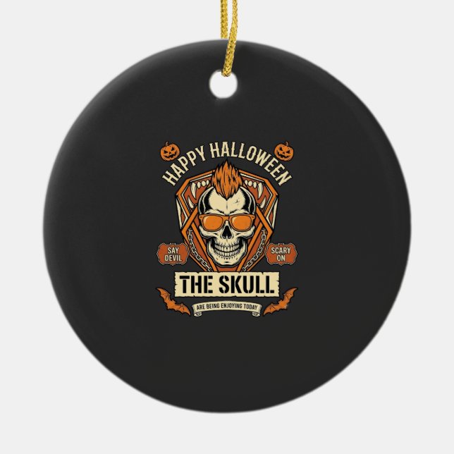 Happy Halloween Skull Mohawk Sunglasses Pumpkins B Ceramic Tree Decoration (Front)