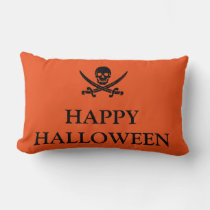 Happy Halloween Skull with her Broom Orange Throw Lumbar Cushion
