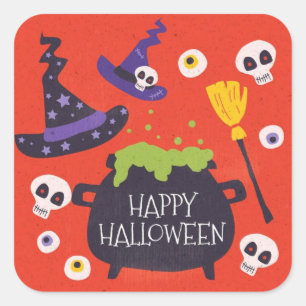 Happy Halloween Skulls, Eyeballs, Witches Hat Square Sticker
