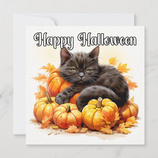 Happy Halloween Sleepy Black Kitty Cat Card (Front)