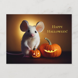happy Halloween. Small cute mouse with pumpkin Postcard