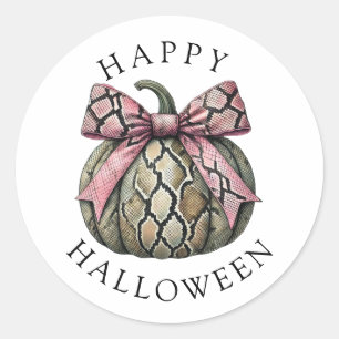 Happy Halloween Snake Skin Pumpkin Pink Ribbon Classic Round Sticker