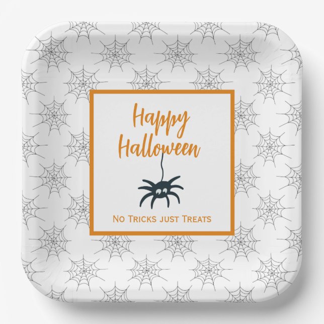 Happy Halloween spider cobweb no trick just treats Paper Plate (Front)