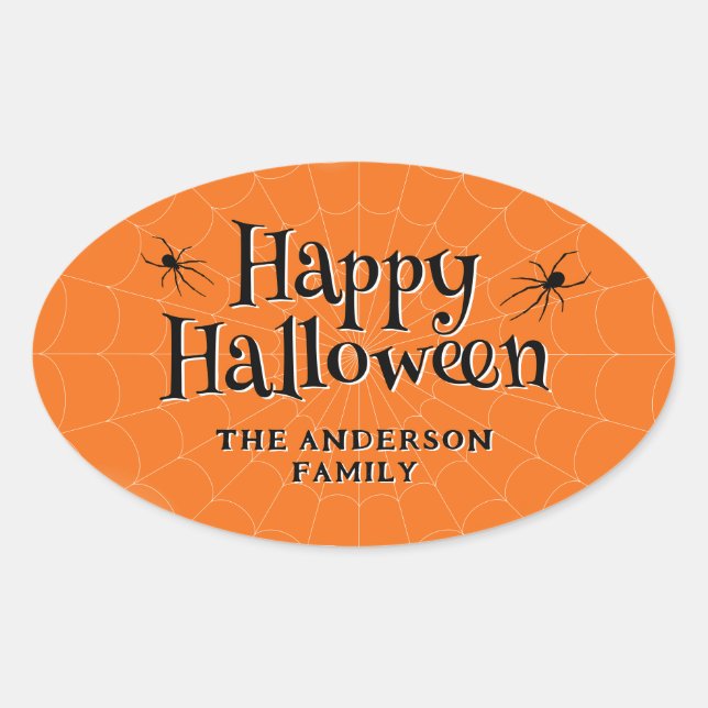 Happy Halloween Spider Cobweb Orange Oval Sticker (Front)