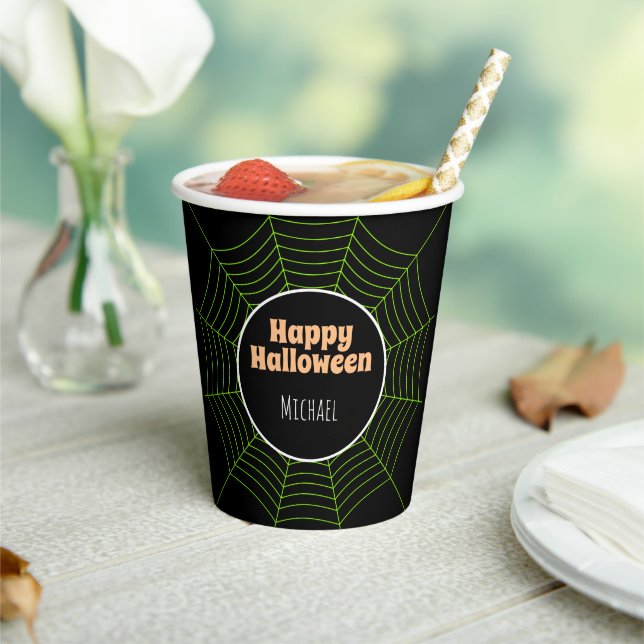 Happy Halloween Spider web neon green black w name Paper Cups (Insitu)