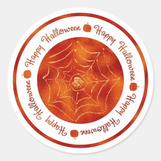 Happy Halloween Spider Web Orange Shine Party Classic Round Sticker (Front)