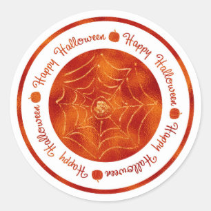 Happy Halloween Spider Web Orange Shine Party Classic Round Sticker