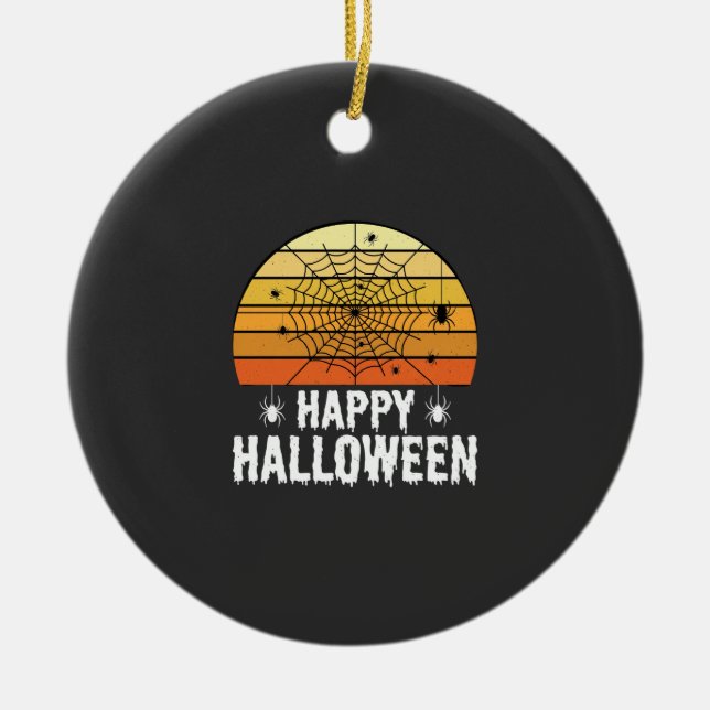 Happy Halloween Spider Web Sunset Design Ceramic Tree Decoration (Front)