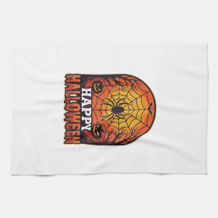 Happy Halloween Spider Web Vintage Engraving Desig Tea Towel