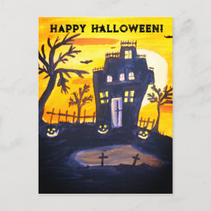 Happy Halloween Spooky Bats Watercolor Vintage Postcard