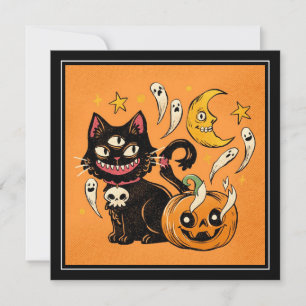 Happy Halloween Spooky  Black Cat And Pumpkin Holiday Card