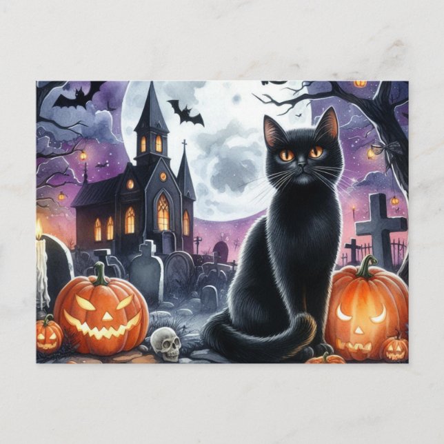 Happy Halloween Spooky Black Cat Postcard (Front)