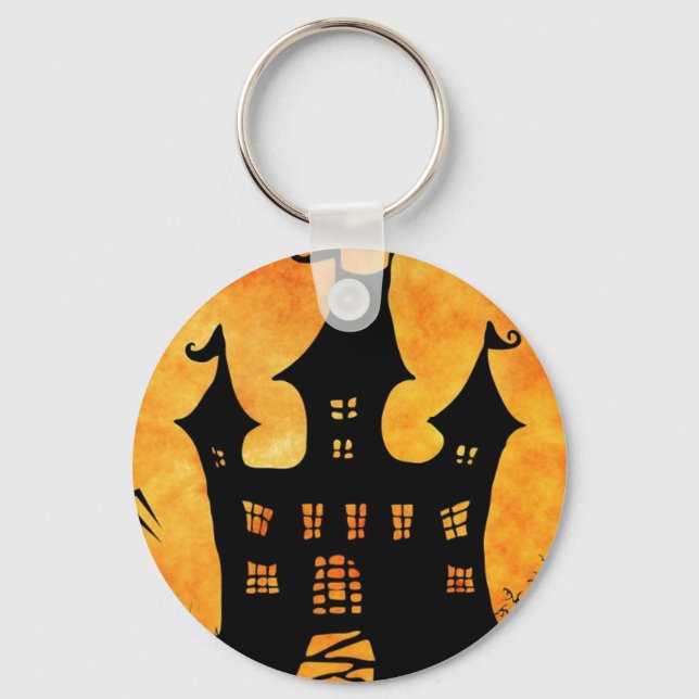 Happy Halloween Spooky Castle Button Keychain (Front)