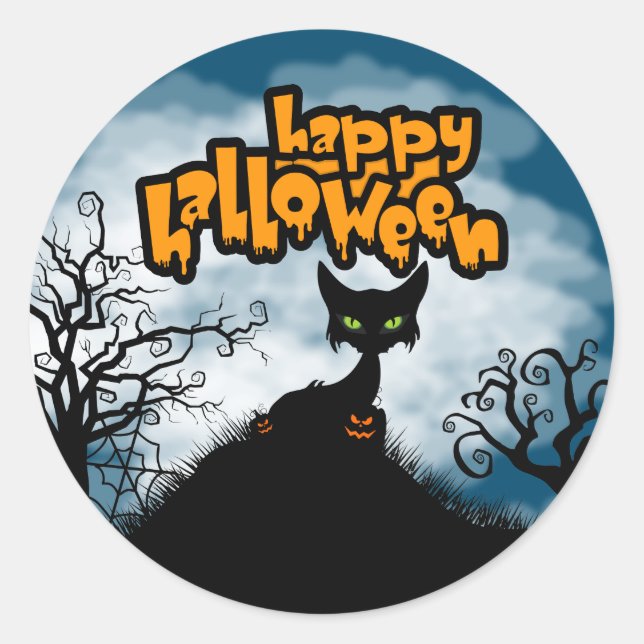 Happy Halloween Spooky Cat Favour Gift Classic Round Sticker (Front)