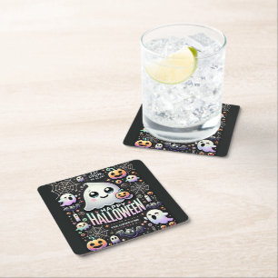 Happy Halloween Spooky Cute Ghost Square Paper Coaster