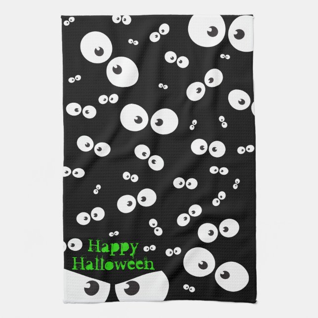 Happy Halloween Spooky Eye Fun Black Illustration Tea Towel (Vertical)