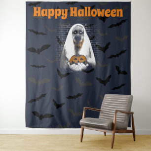 Happy Halloween Spooky Ghost and Pumpkin Tapestry