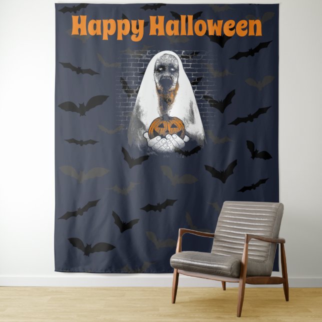 Happy Halloween Spooky Ghost and Pumpkin Tapestry (In Situ)