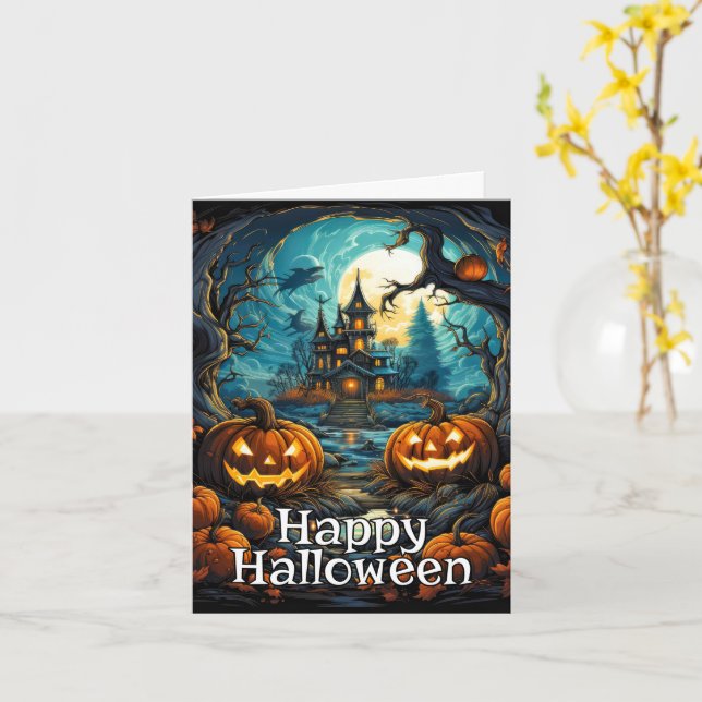 Happy Halloween | Spooky Haunted Mansion Card (Yellow Flower)