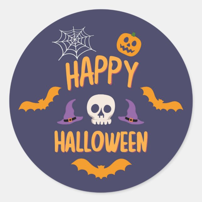 Happy Halloween spooky pumpkin bat orange design Classic Round Sticker (Front)