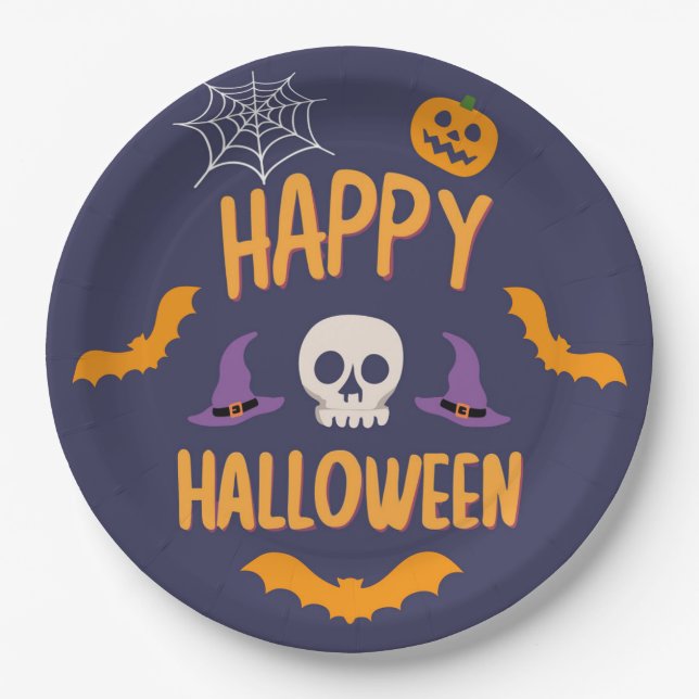 Happy Halloween spooky pumpkin bat orange design Paper Plate (Front)
