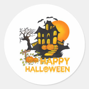 Happy Halloween Spooky Pumpkin Haunted House Men W Classic Round Sticker