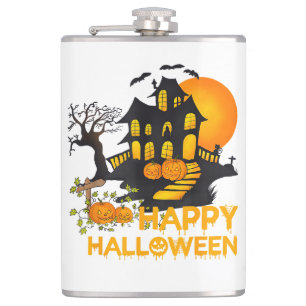 Happy Halloween Spooky Pumpkin Haunted House Men W Hip Flask