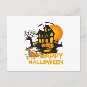 Happy Halloween Spooky Pumpkin Haunted House Men W Holiday Postcard