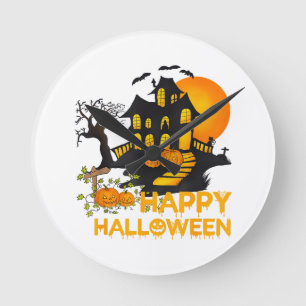 Happy Halloween Spooky Pumpkin Haunted House Men W Round Clock