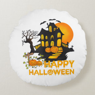 Happy Halloween Spooky Pumpkin Haunted House Men W Round Cushion
