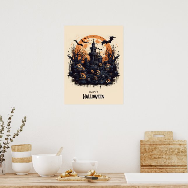 Happy Halloween Spooky pumpkins and bats Poster (Kitchen)