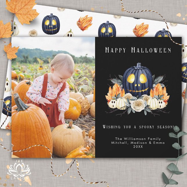 Happy Halloween Spooky Pumpkins Crystals  Photo Holiday Card (Creator Uploaded)